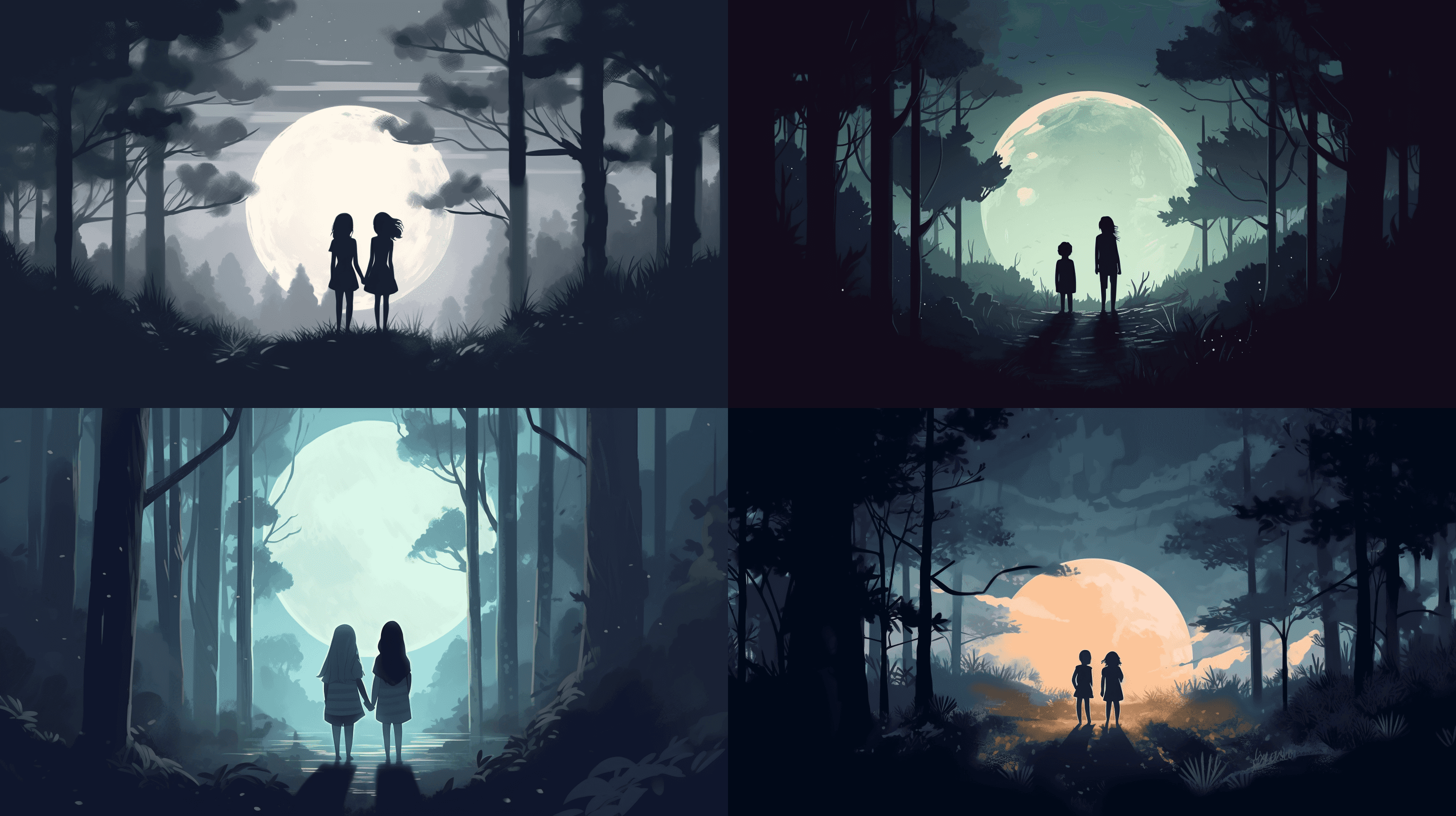 Two girls facing in front of the moon, in a forest, moonlight, nostalgic minimalism, 2d game art, rostoscopy style --ar 16:9