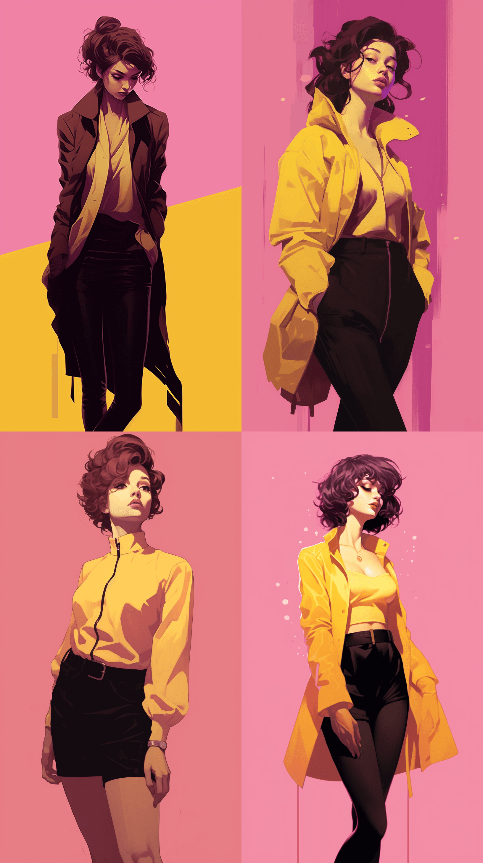 a girl in plum pink wearing, by Tomer Hanuka and Atey Ghailan and Roy Lichtenstein and Maxfield Parrish, expressive, in the style of official art, gorecore, dark yellow and light black, oshare kei, full body, applecore --c 10 --ar 9:16 --s 1000 --style raw --v 5.1 --q 2