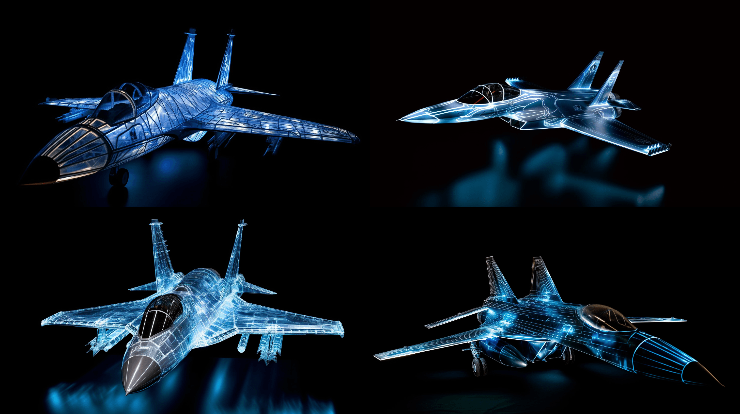 light sculpture | powerful fighter jet | soft gray and blue lights | swirling lights forming the figure of a fighter jet | mirrors and diffusers to create a sleek, powerful figure | gray and blue | adrenaline and power | observer feels they are watching an aerial dogfight | fast shutter speed to capture the movement | wide aperture --ar 16:9 --style raw