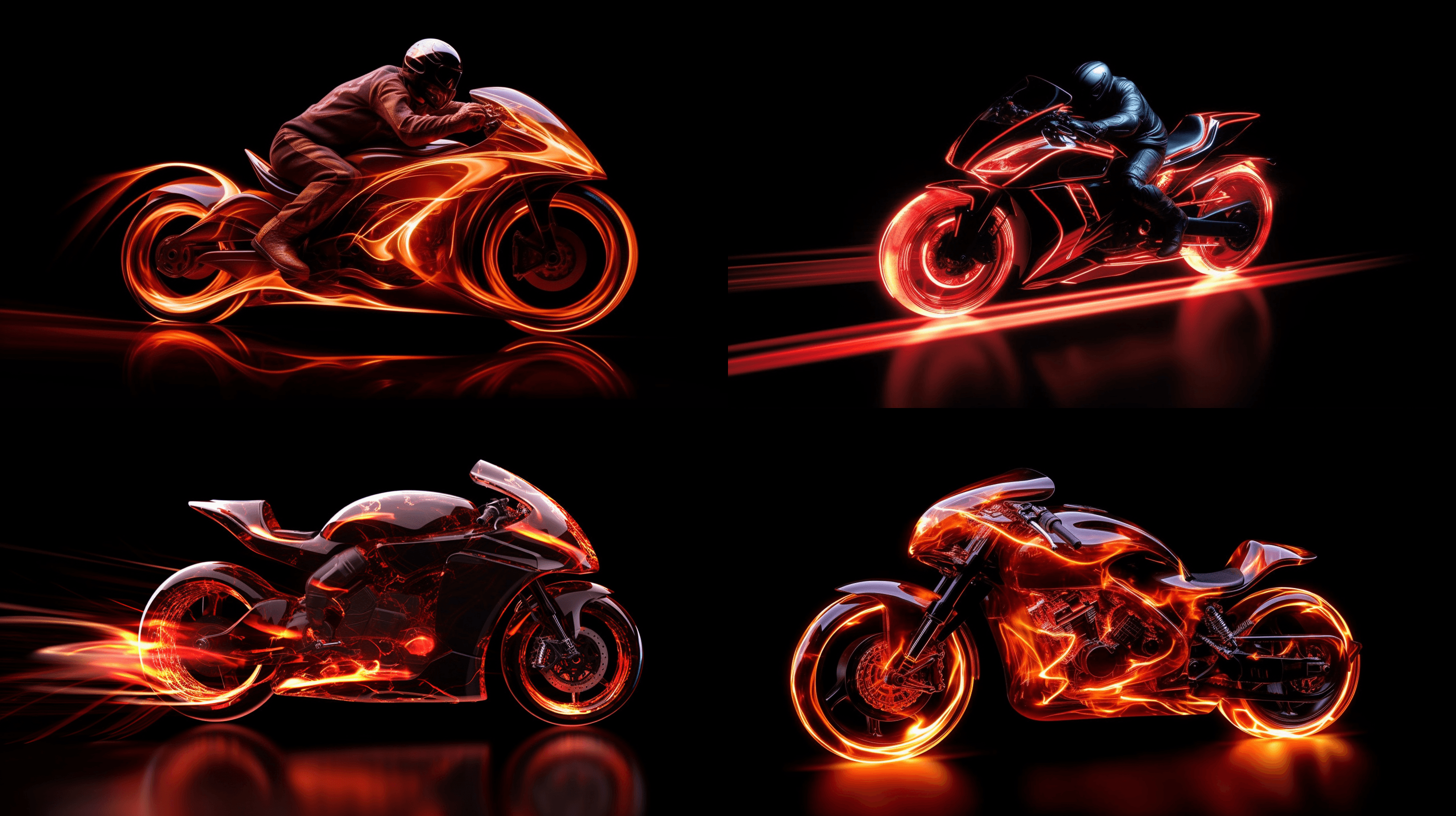 light sculpture | blazing motorcycle | soft black and fiery red lights | swirling lights forming the figure of a motorcycle | mirrors and diffusers to create a fast, thrilling figure | black and fiery red | speed and freedom | observer feels they are watching a high-speed chase | fast shutter speed to capture the movement | wide aperture --ar 16:9 --style raw