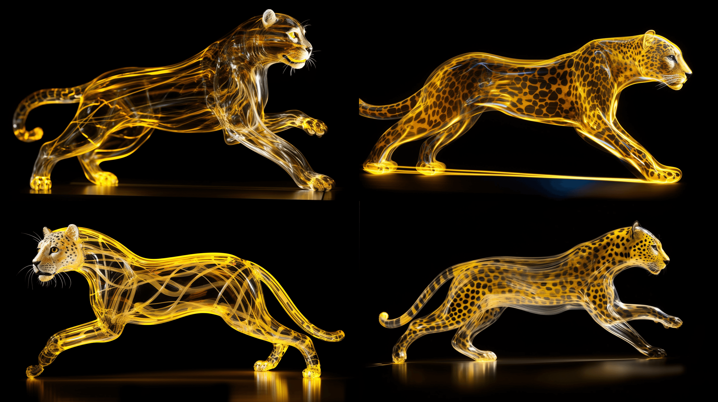 light sculpture | sprinting cheetah | soft yellow and black lights | swirling lights forming the figure of a cheetah | mirrors and diffusers to create a swift, dynamic figure | yellow and black | raw power and speed | observer feels they are watching a wild chase | fast shutter speed to capture the movement | wide aperture --ar 16:9 --style raw