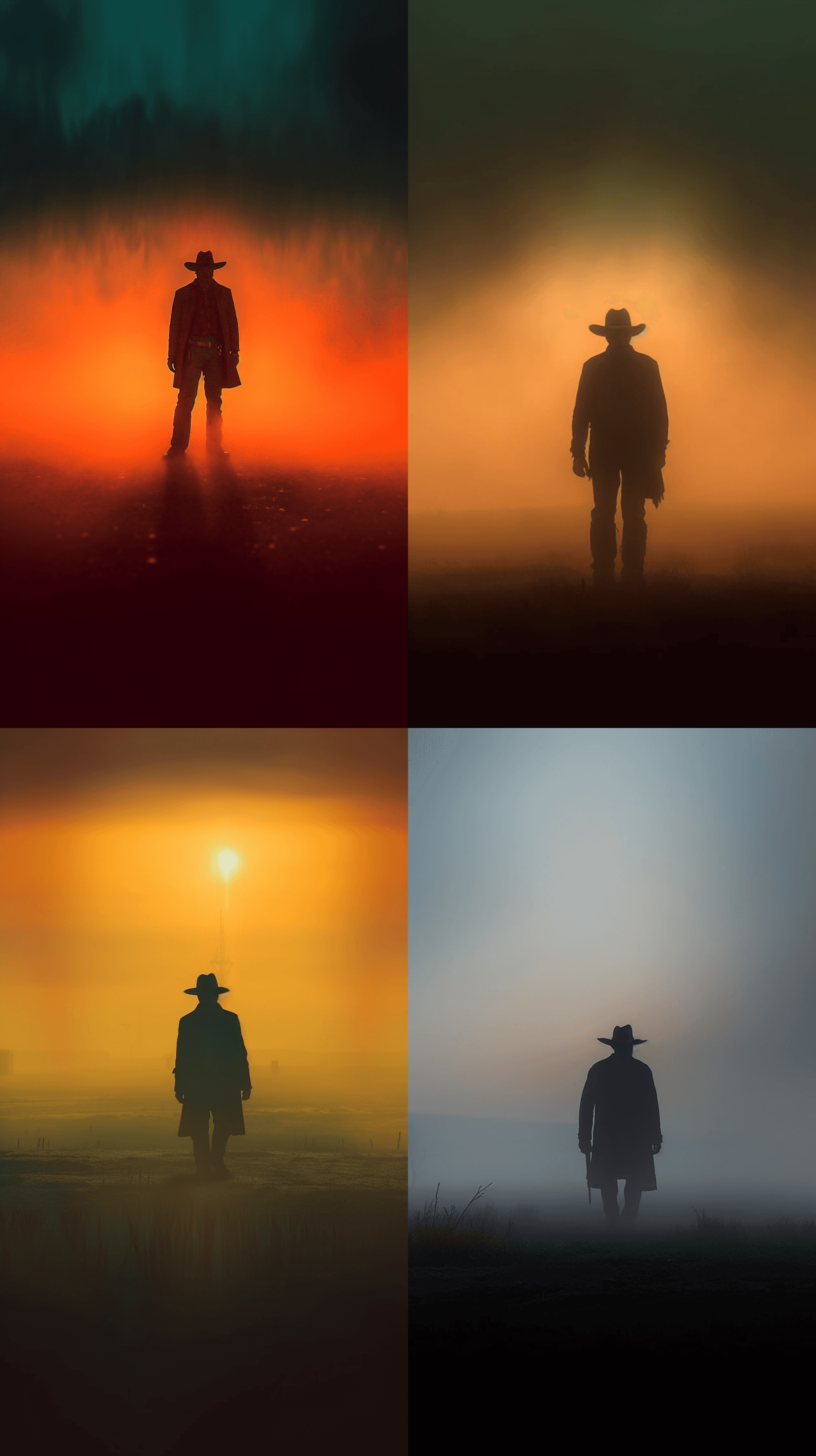 Mesmerizing Surreal Minimalistic Cinematic Shot, Thick Morning Fog, Sunrise, Silhouette Cowboy Figure, volumetric lighting, realism --v 5.1 --s 500 --chaos 10 --ar 9:16