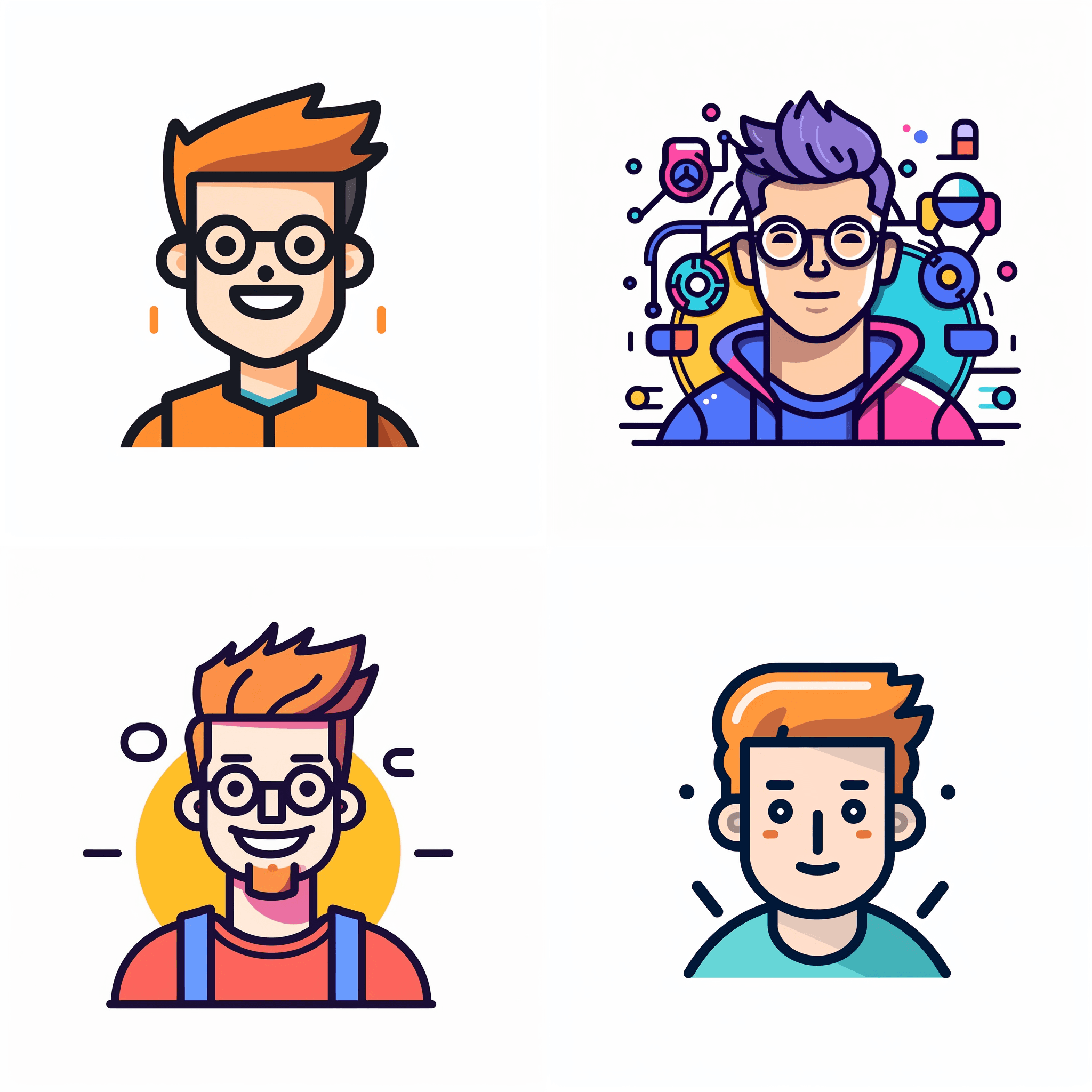 A tech guy, Modern Line Icon, Vector Line Art, Cute Young Character Avatar, Smiling, Icon Design, Bold Outline, Solid Color, Pixel Perfect, Isolate, white background, Minimalistic, Bold Colors