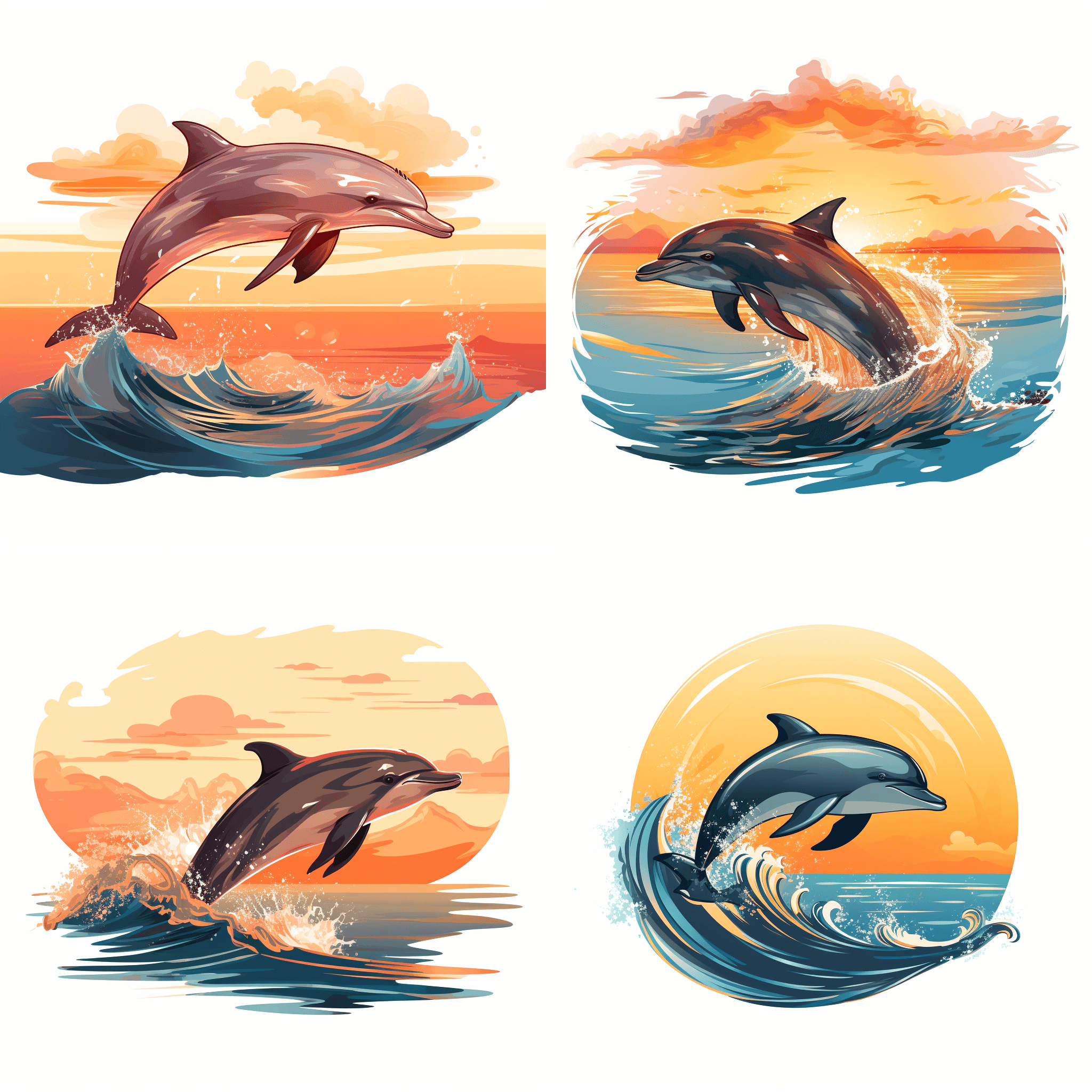 sunset dolphin, clipart, white background --s 250