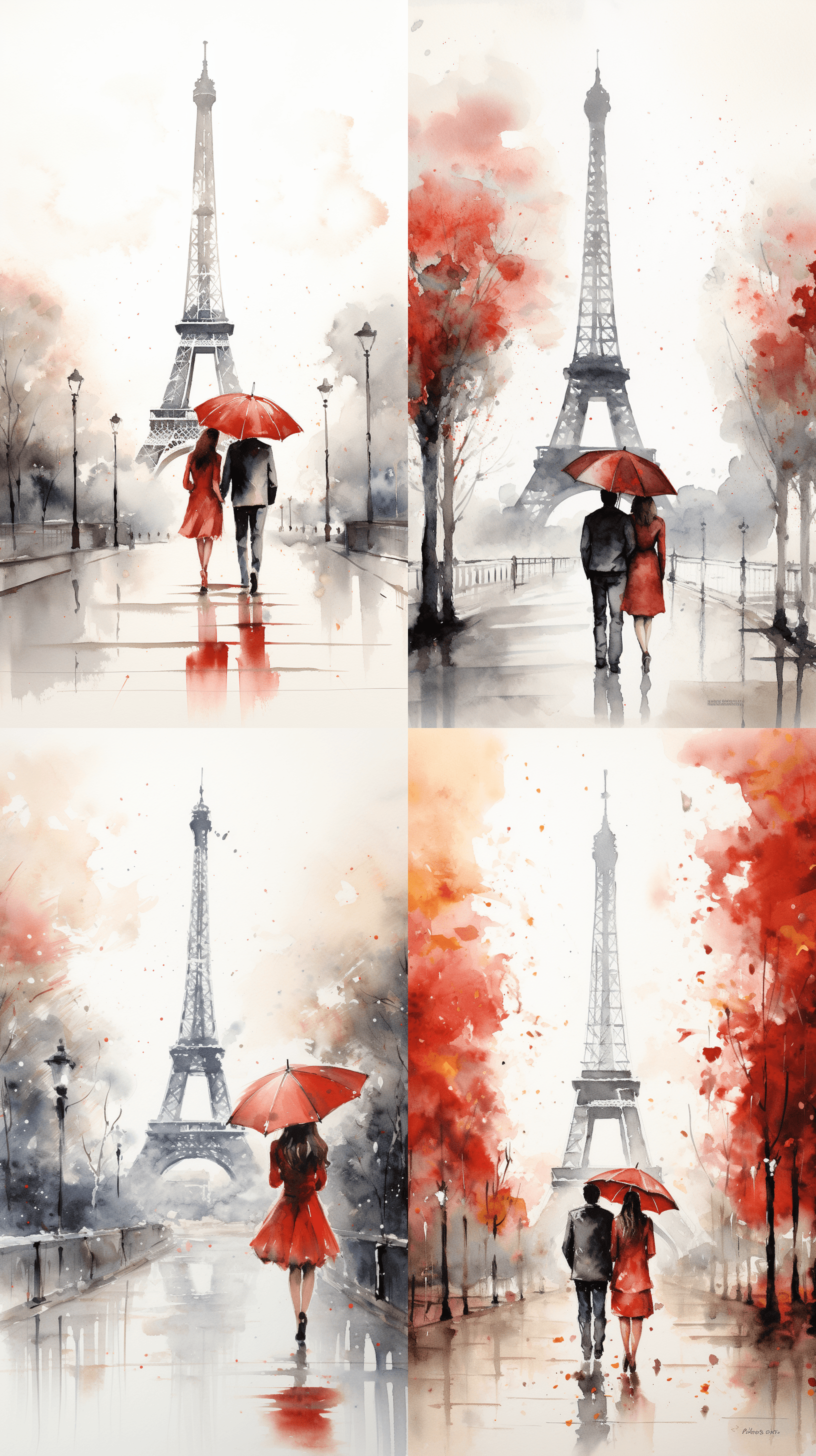 couple, eiffel tower, rainy day, red umbrella, watercolour painting, white vignette, --ar 9:16