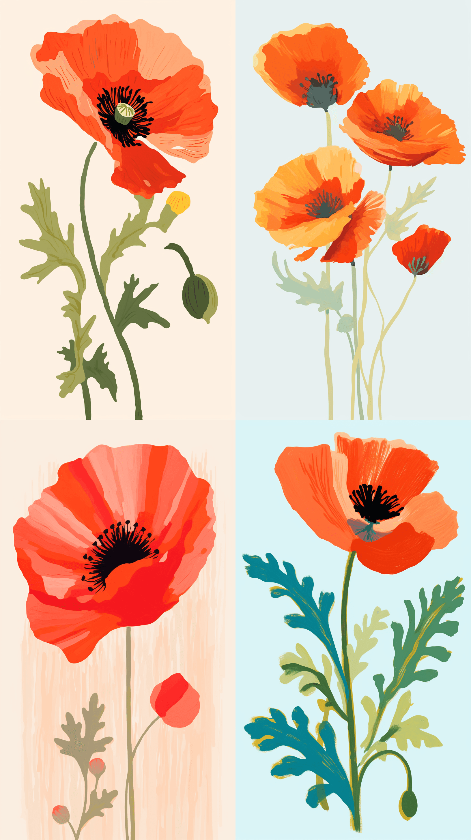 Poppy Flower, Mogu painting, botanical illustration, hand-drawn illustration, exploration, soft, hazy brushstrokes, playful brushstrokes, emotionally-charged brushstrokes, free brushwork, historical, Etel Adnan, Van Gogh, Monet, Naive Art, Children, simple and clean background, in the style of light orange and light blue, patrick brown, high resolution, vibrant use of light and shadow, influenced by ancient chinese art, naturalistic painter, few few details --ar 9:16