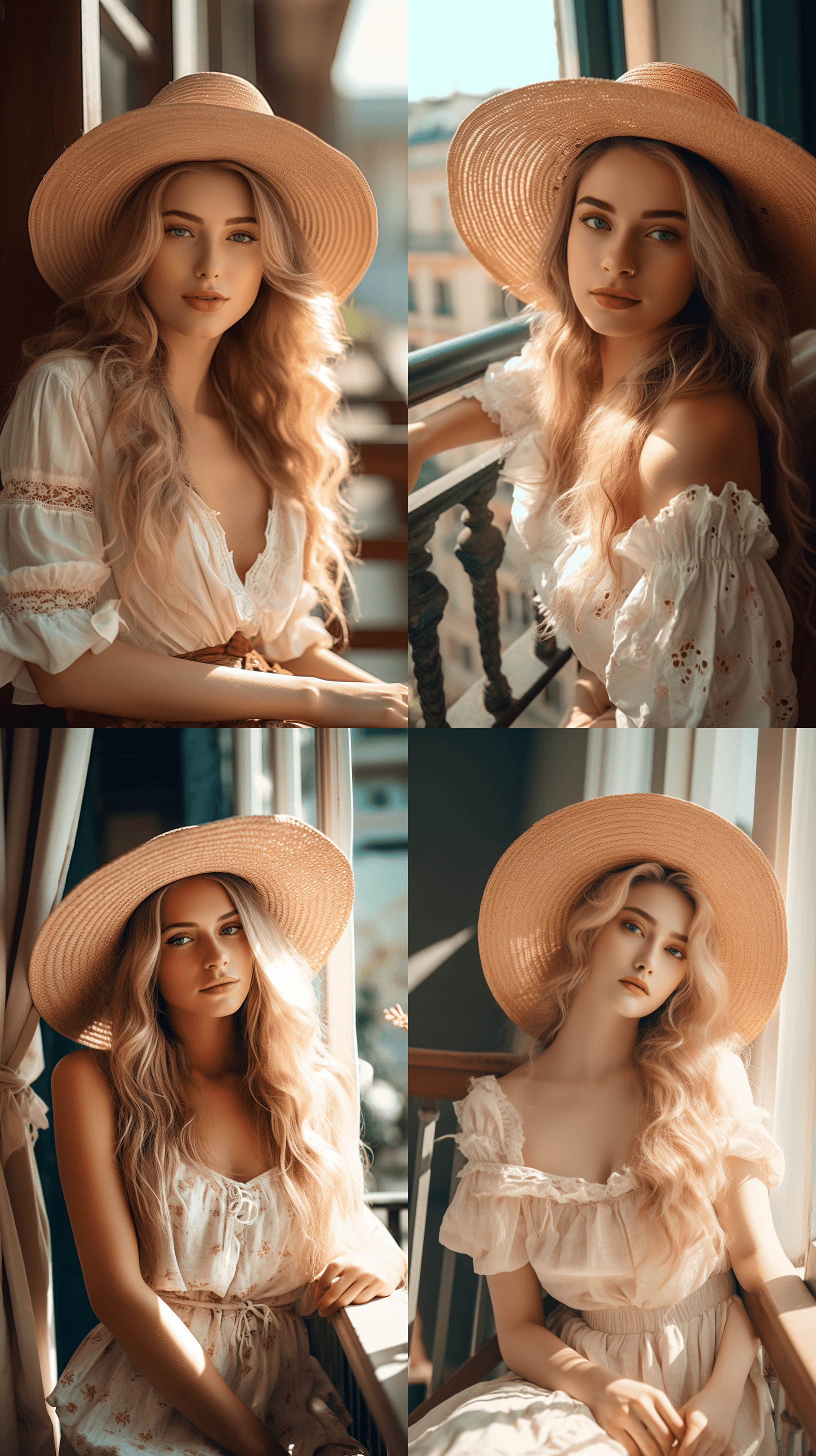 look at camera portrait of elegant woman with long blond hairstyle, sitting on the balcony, in a light summer dress in a straw hat, in the style of movie still, y2k aesthetic, light bronze and dark amber, romantic charm, blink-and-you-miss-it detail, elegantly formal --ar 9:16