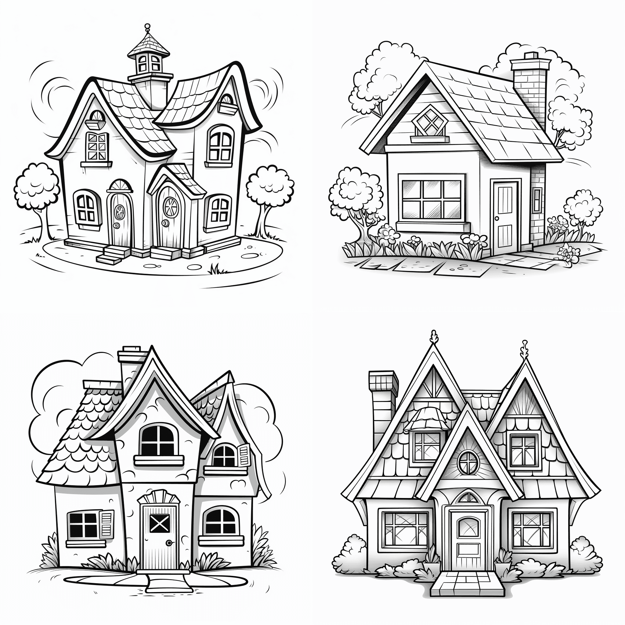 kid's coloring book, a house, cartoon, thick lines, black and white, white background