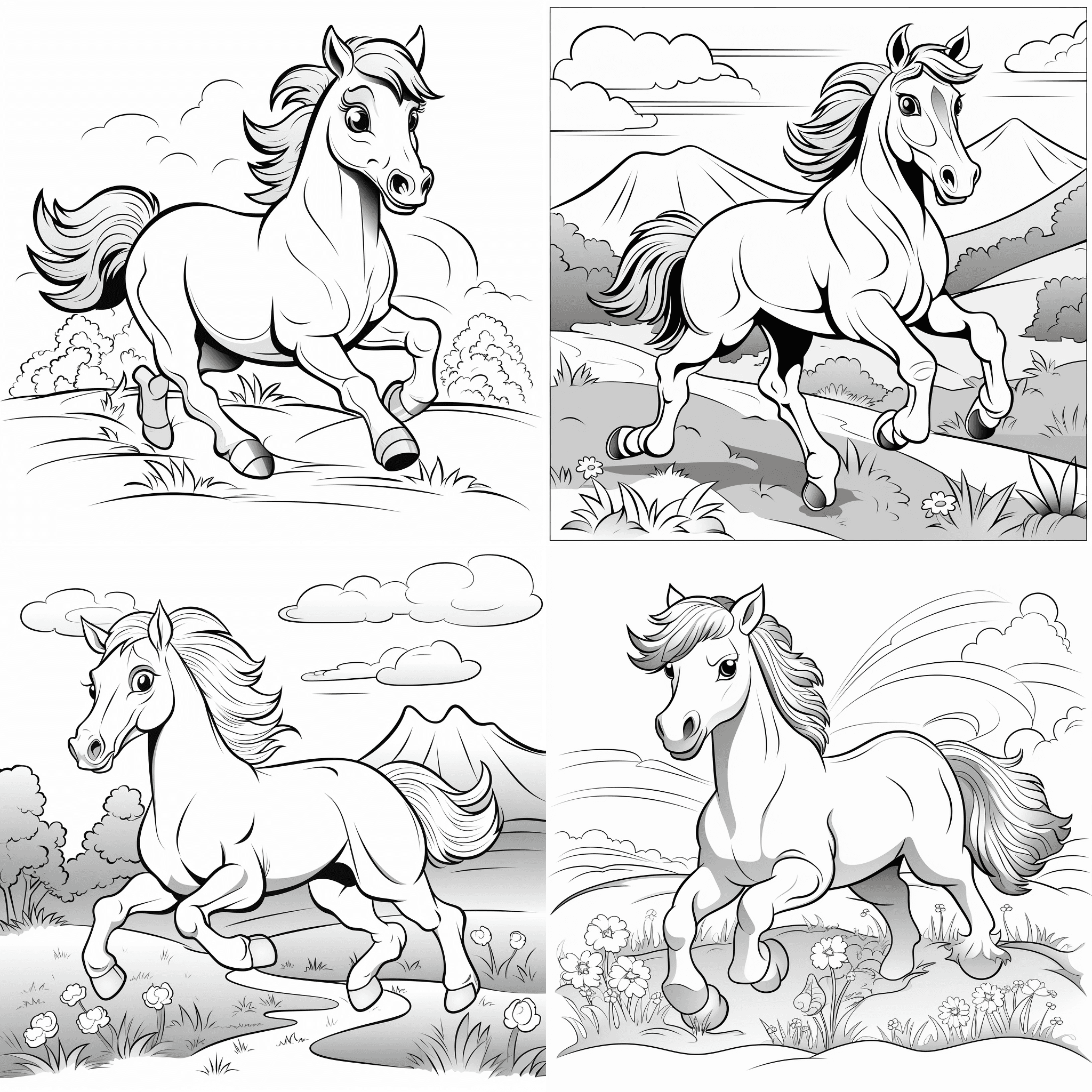 kid's coloring book, a horse is runing, cartoon, thick lines, black and white, white background