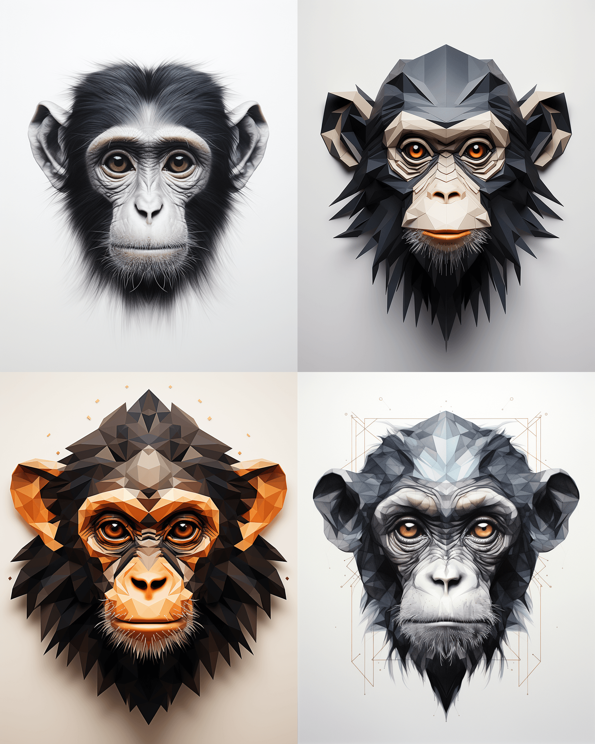 the face of a monkey from matte paper, all in shades of black, mounted on the white wall, geometric style, minimalist, ultra sharp, --v 5.2 --s 250 --ar 4:5