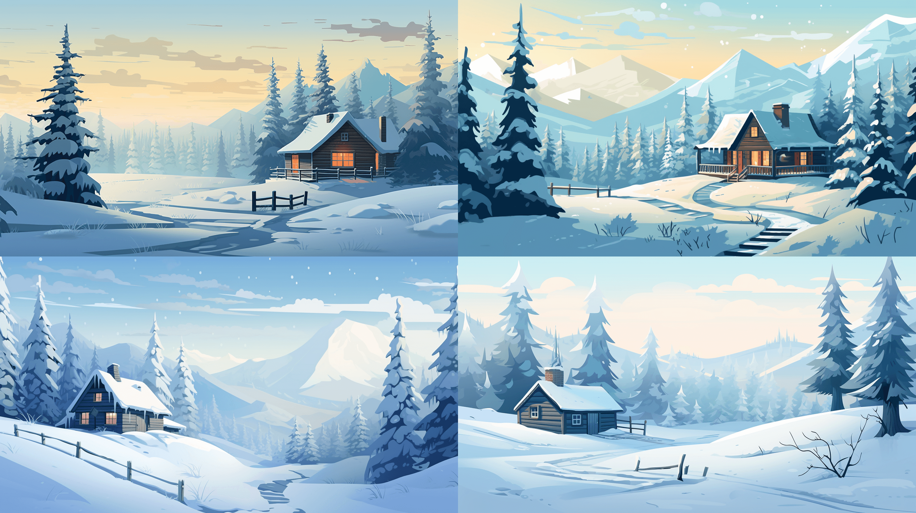 A quaint snow cabin nestled between rolling hills, pine trees, 2d 2 value style color, toony, light bluish grey sky, snow falling, 2d 2 value flat color, heavy fog --ar 16:9 --v 5.2
