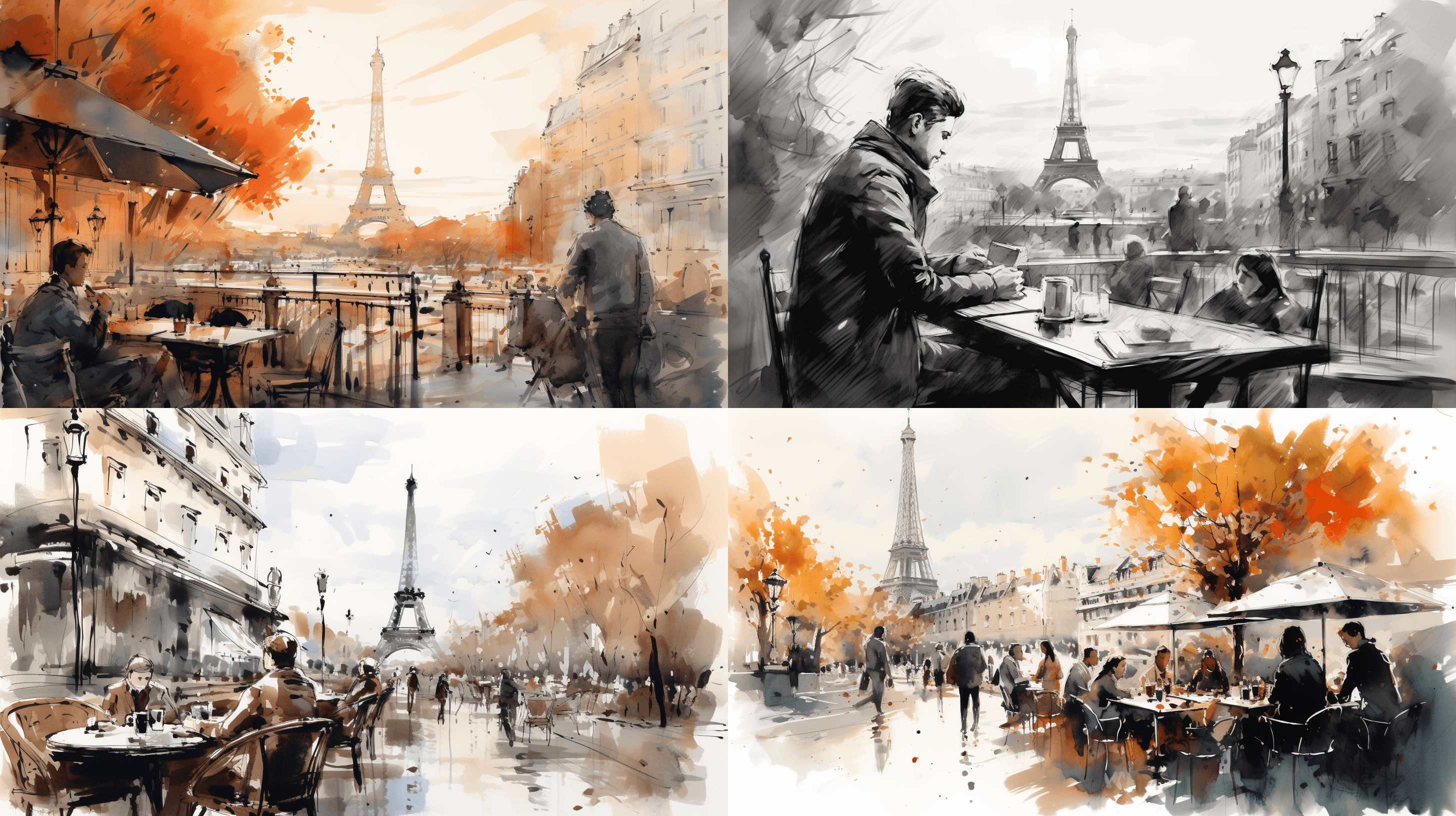 drinking a cup of coffee in the coffee shop on the street near the Eiffel Tower. wide angle, Chinese ink brush, natural colors, bold strokes --ar 16:9