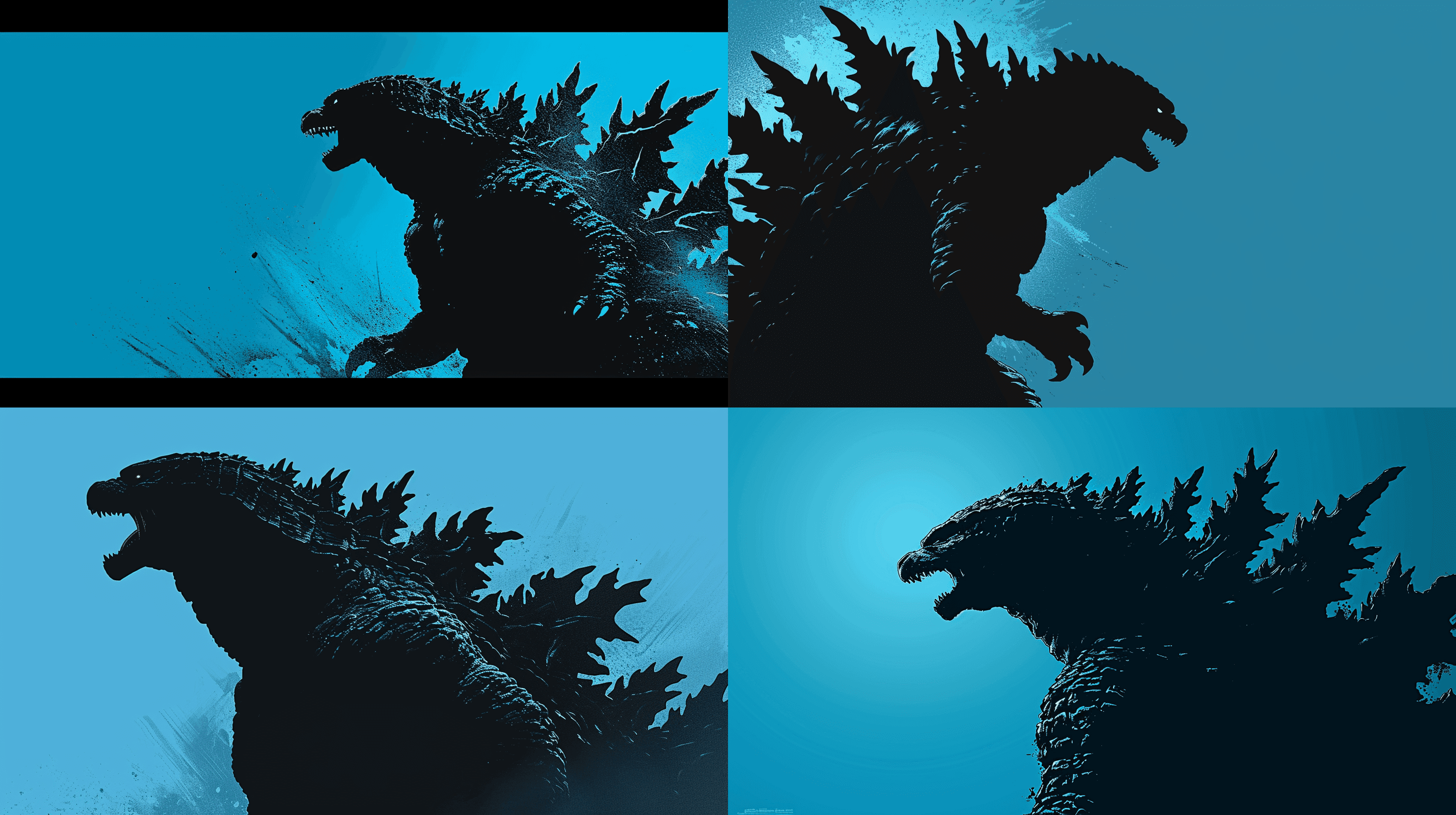 the black silhouette of Godzilla in front of a blue background, in the style of a movie poster, stark minimalism, symmetry, silhouette --ar 16:9