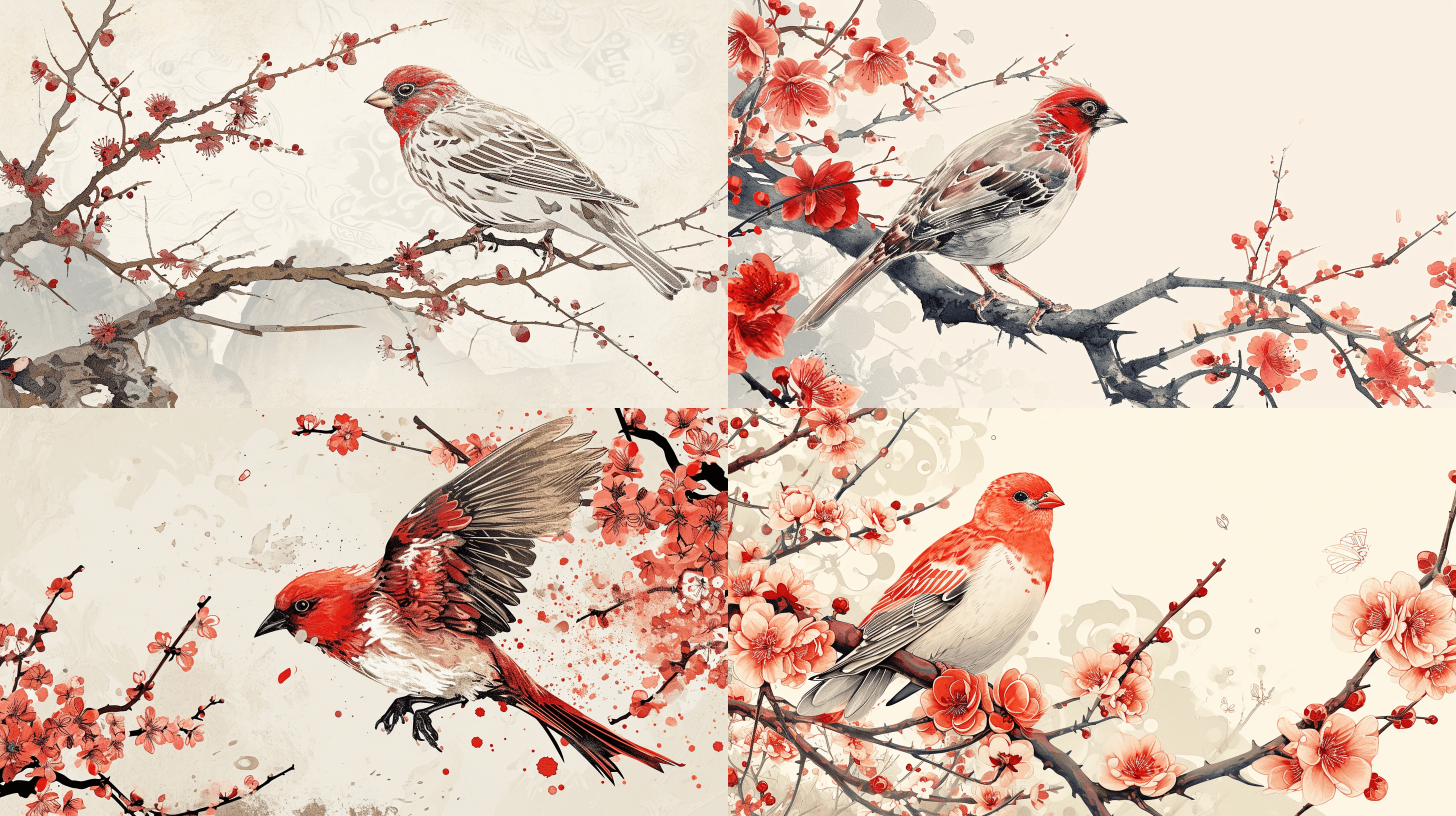 Ukiyo-e inspired illustration, Chinese The Rosefinch, white, Detailed painting, Katsushika Hokusai style --ar 16:9 --v 6.0