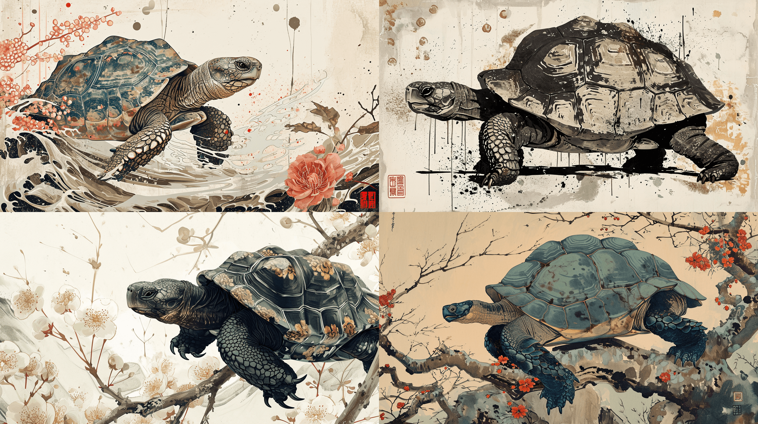 Ukiyo-e inspired illustration, Chinese Black Tortoise, white, Detailed painting, Katsushika Hokusai style --ar 16:9 --v 6.0