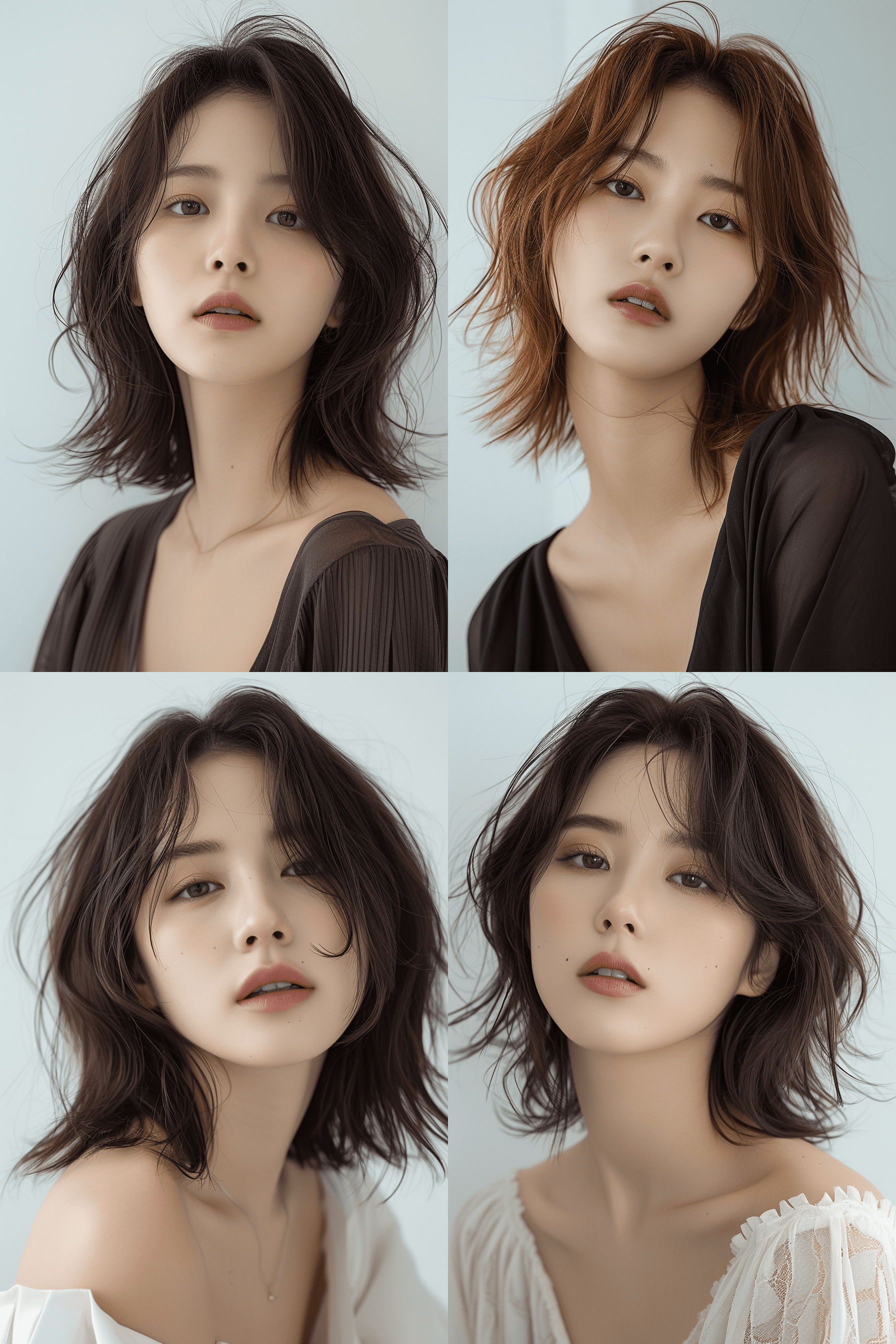 https://s.mj.run/AlJXDEQ9JQY https://s.mj.run/qMZ2kmb7TcI Visual blockbuster on the theme of hairstyle, Korean girl with short hair, fashionable clothing with light hair, Korean girl looking frontally at the camera, without makeup highlighting the texture and pores of facial skin, full color picture, close up - white solid background --ar 2:3 --style raw --stylize 750 --v 6