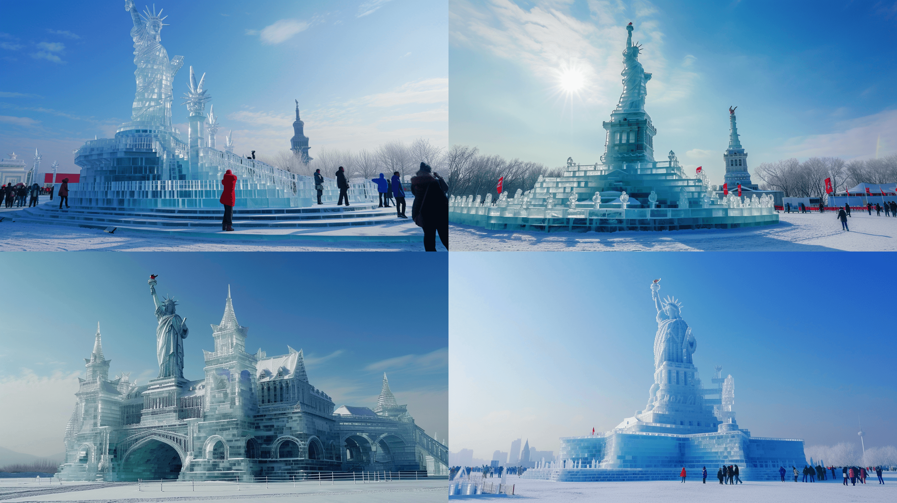 Harbin ice and snow world style, Ice sculpture, The Statue of Liberty architecture Ice sculpture, Crystal clear ice, daylight, ice art, --ar 16:9